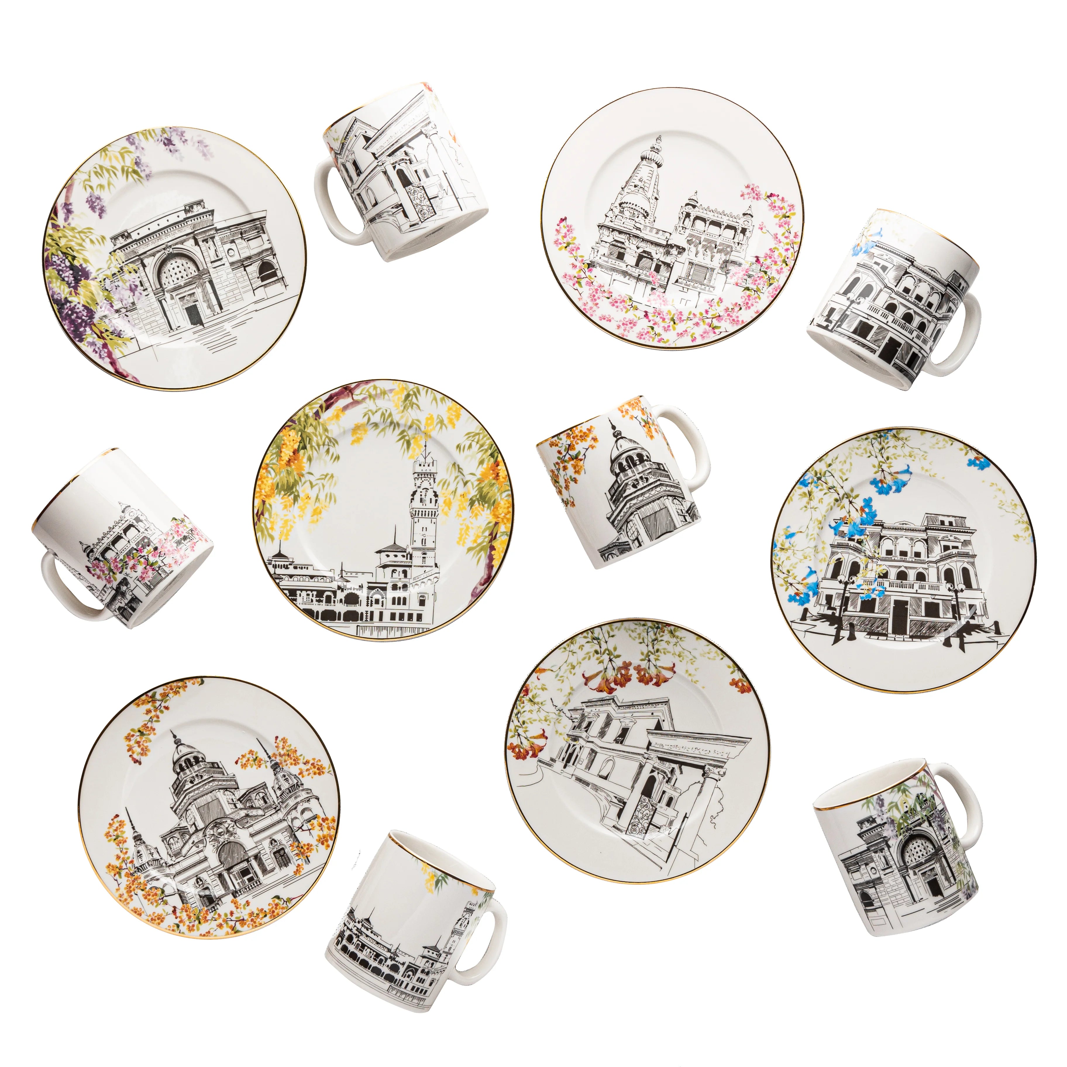 Fathy Mahmoud Porcelain Tableware فتحى محمود Egyptian Architecture Mug Set, Dessert Plates,