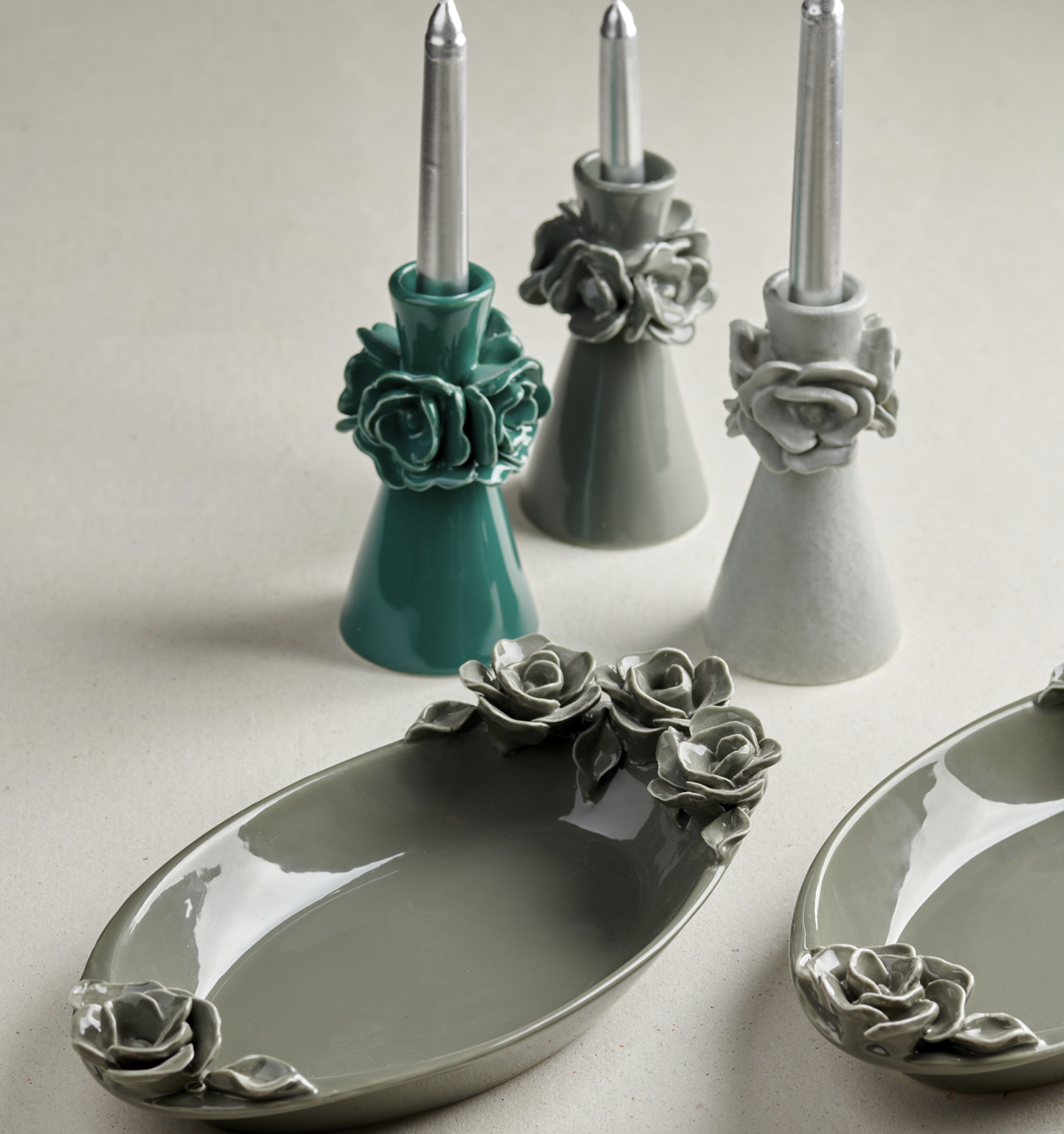 Green Candle Holder - 2 Pc - Fathy Mahmoud Porcelain 