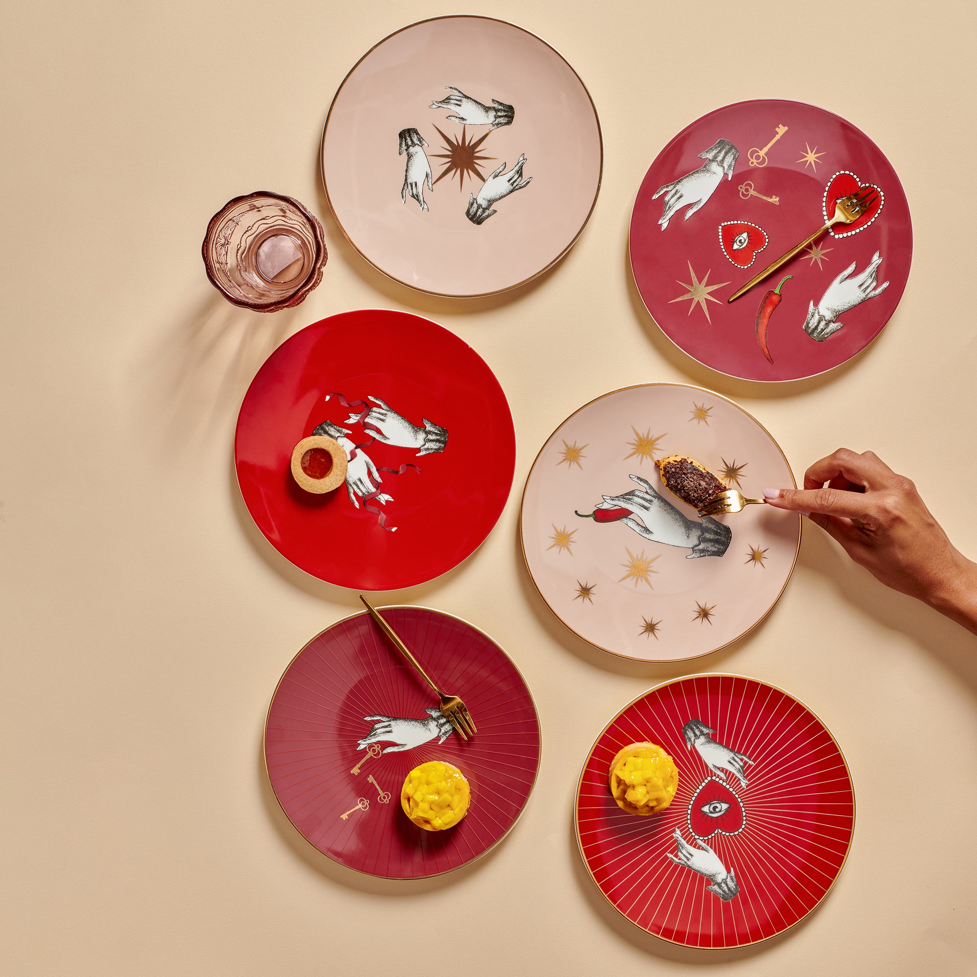 Fortune teller dessert set burgendy - 6 pieces - Fathy Mahmoud Porcelain 