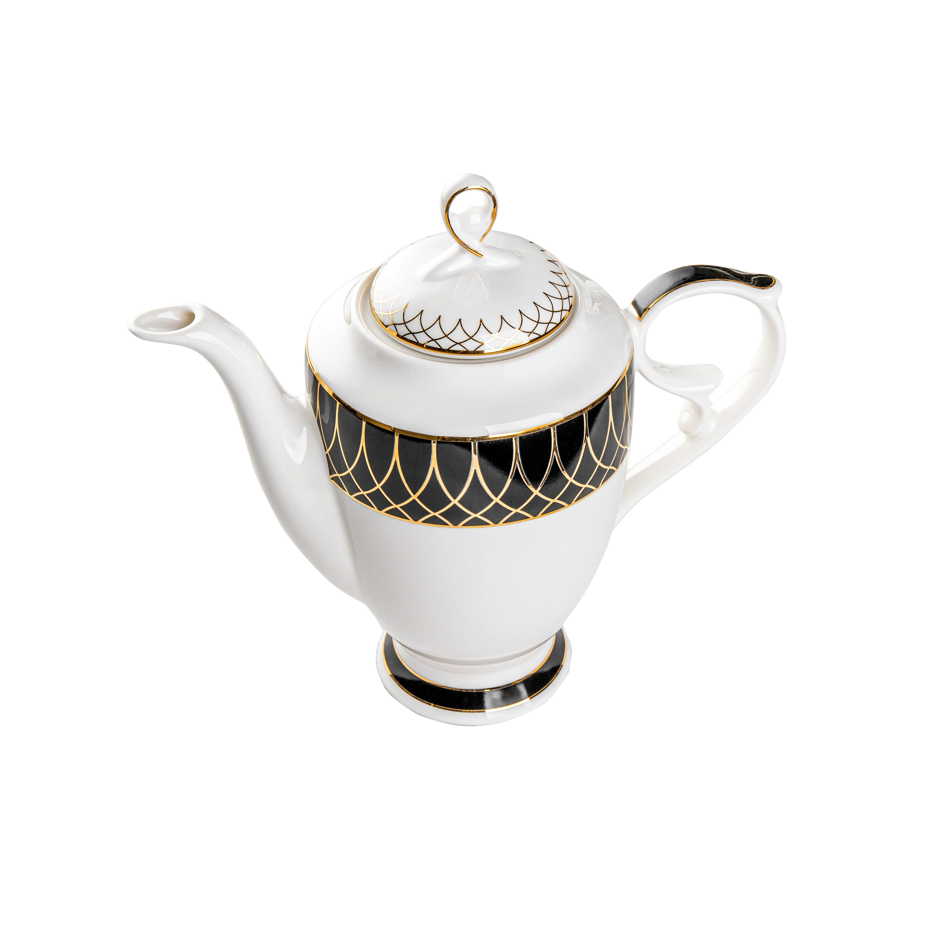 White teapot with black and gold decorative elements on a white background. Fathy Mahmoud Porcelain.
