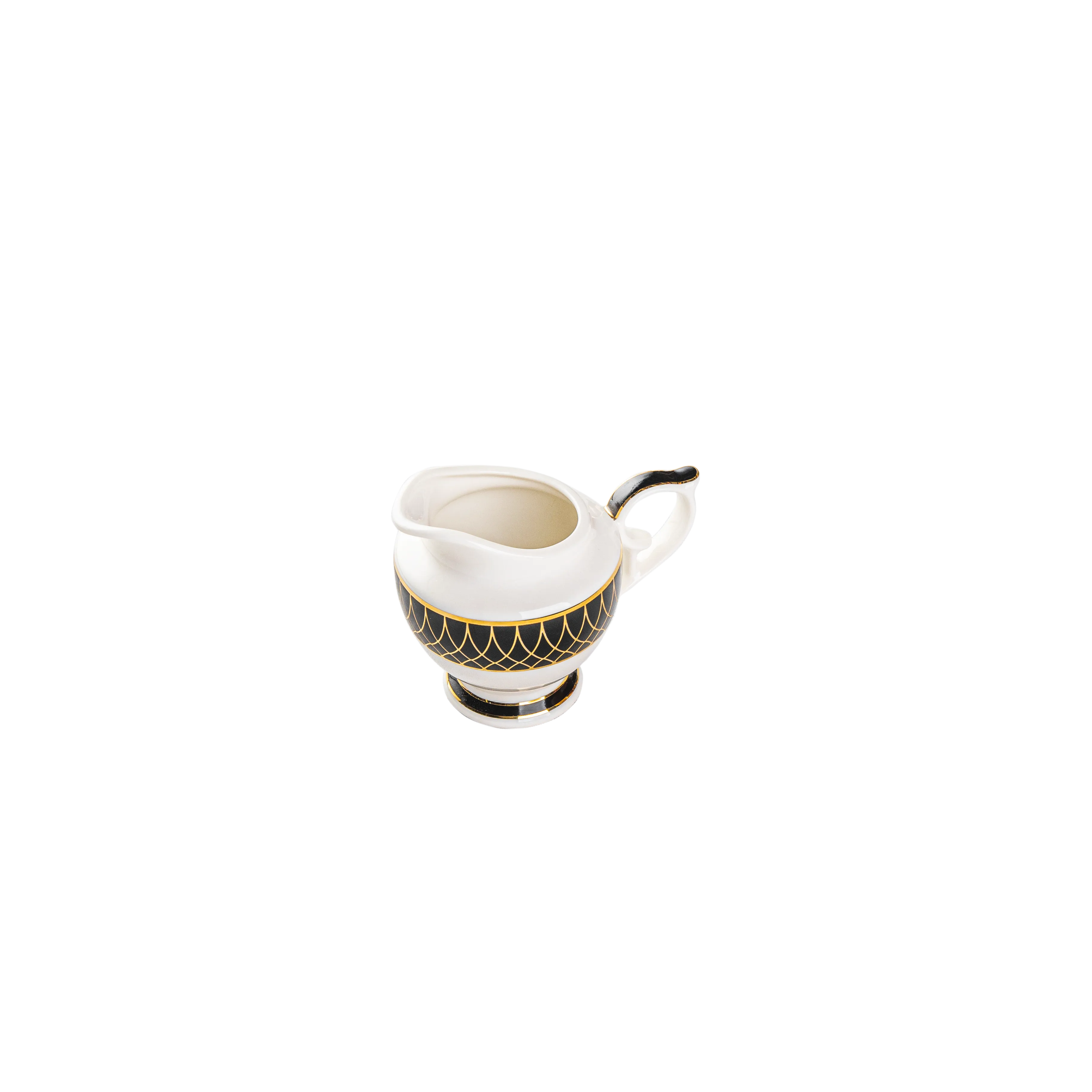White creamer with black and gold design on a white background. Fathy Mahmoud Porcelain.