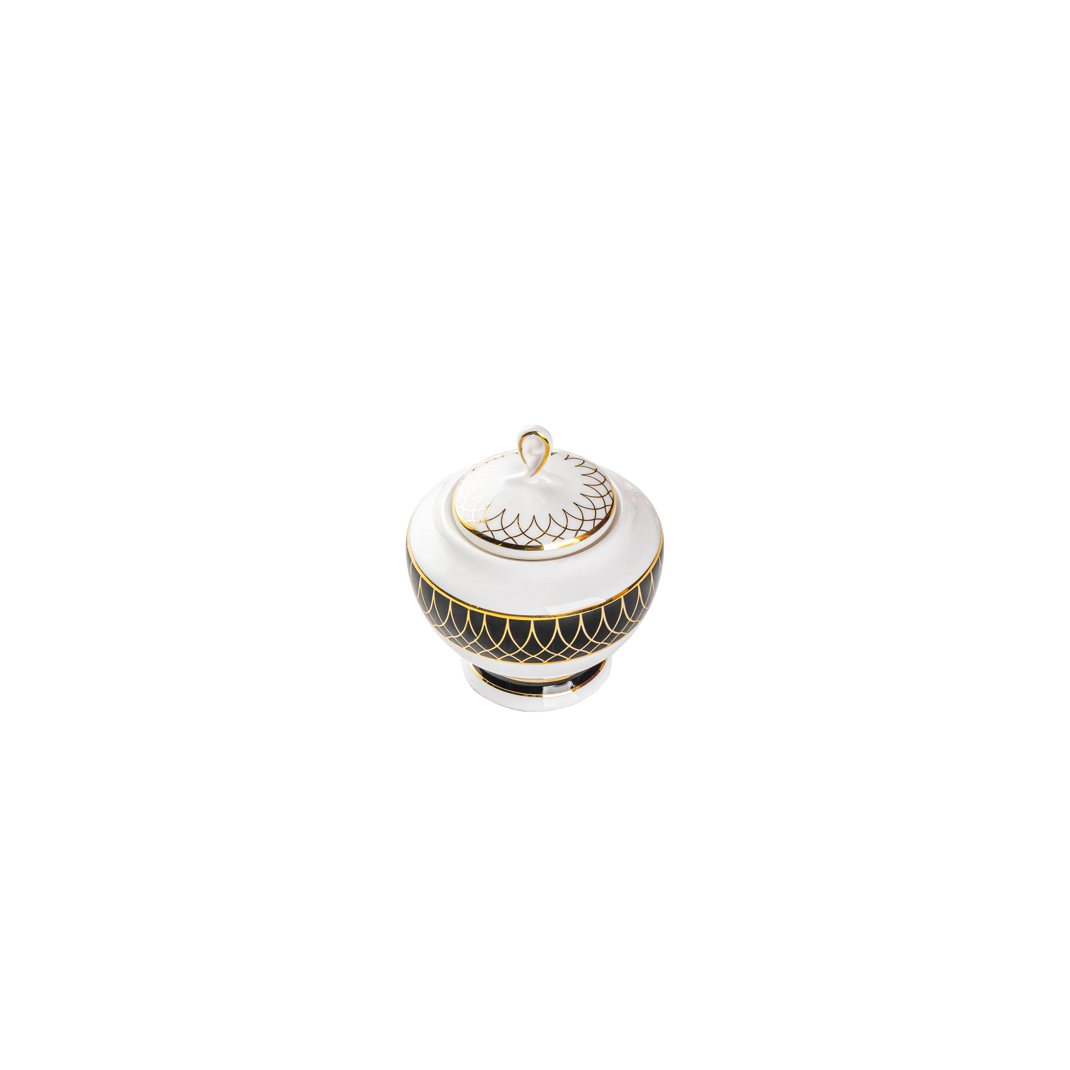 Decorative white sugar pot with gold accents on a white background. Fathy Mahmoud Porcelain.