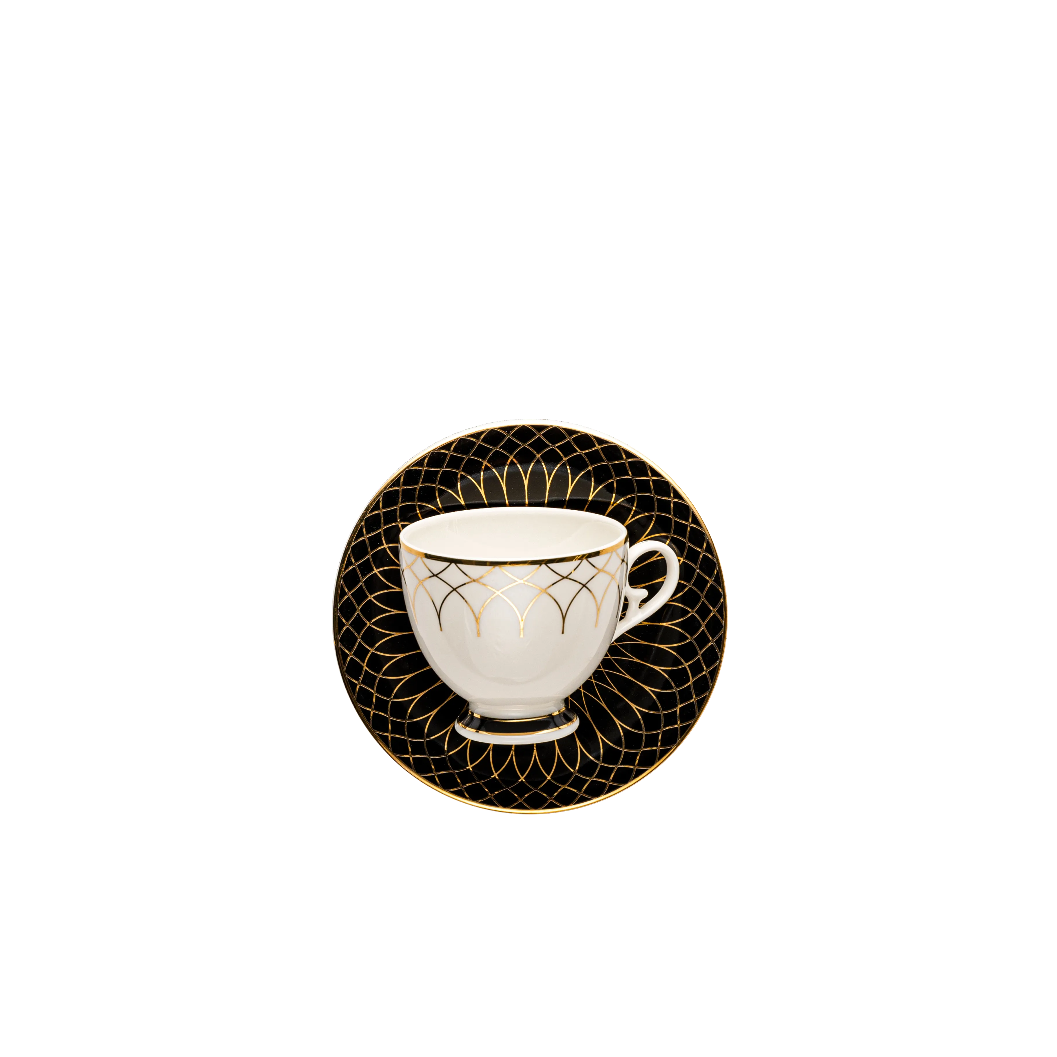 Decorative white teacup with gold patterns on a black background. Fathy Mahmoud Porcelain. 