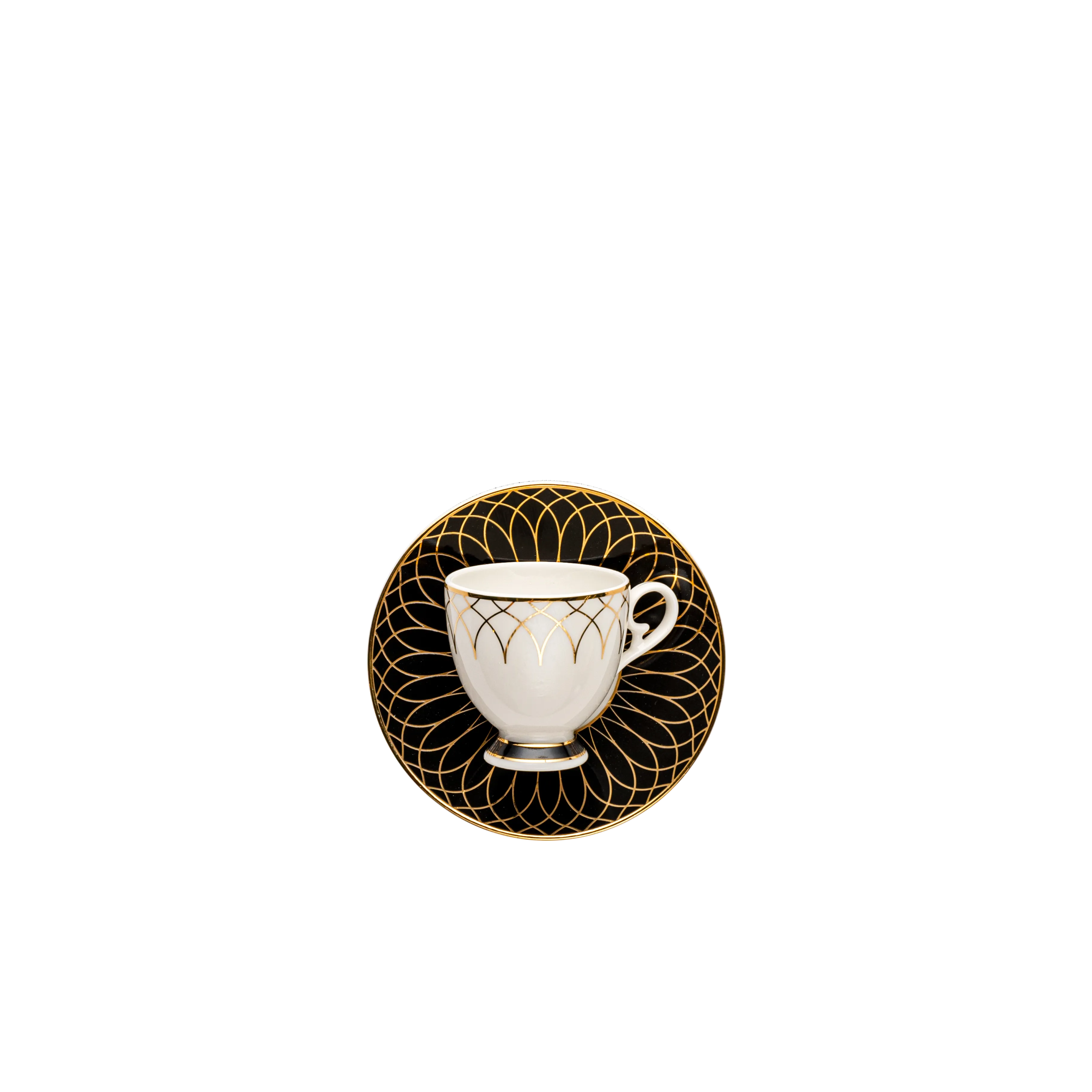 White coffee cup with gold intricate design on a matching saucer against a white background. Fathy Mahmoud Porcelain.