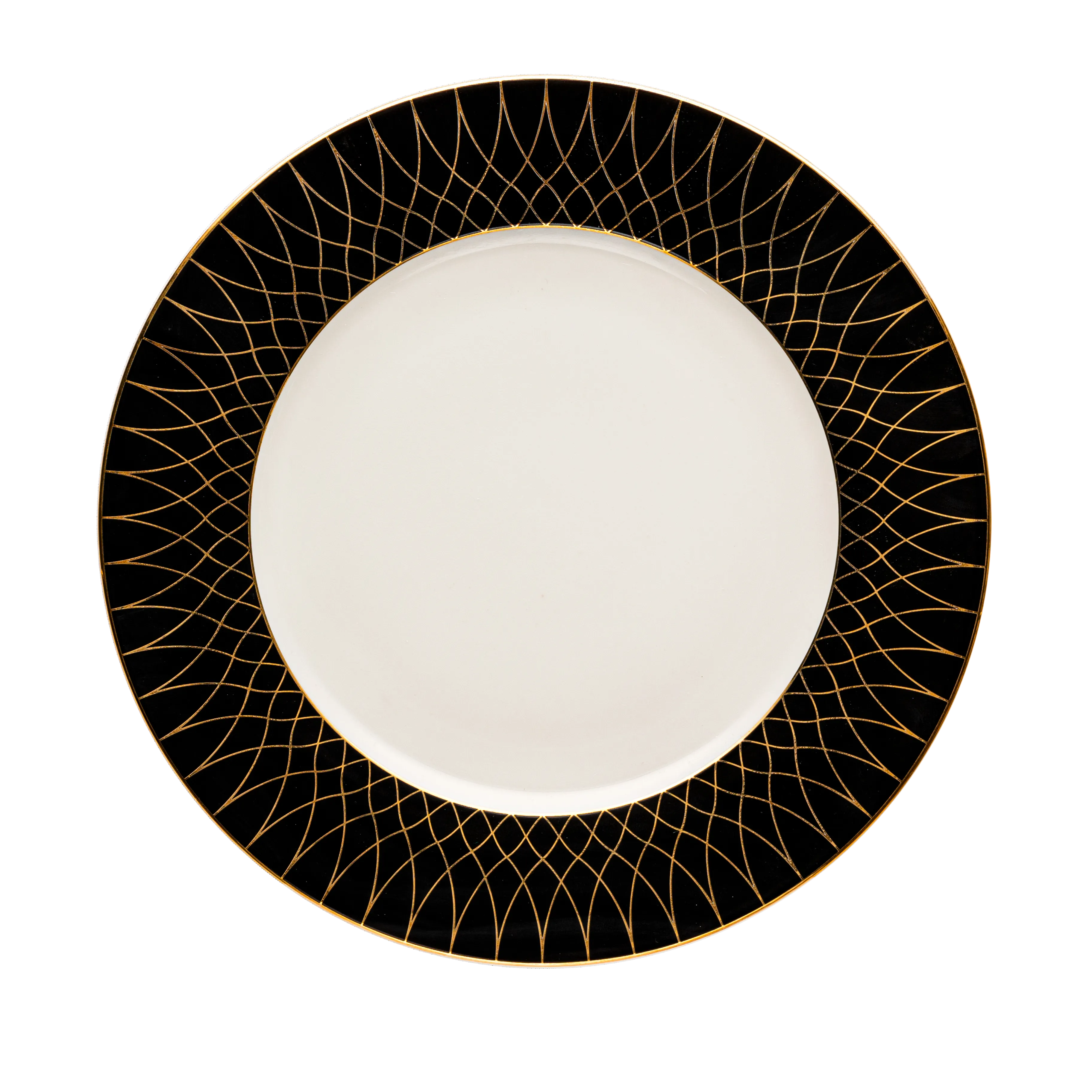 White plate with a black rim featuring gold geometric patterns on a white background. Fathy Mahmoud Porcelain.