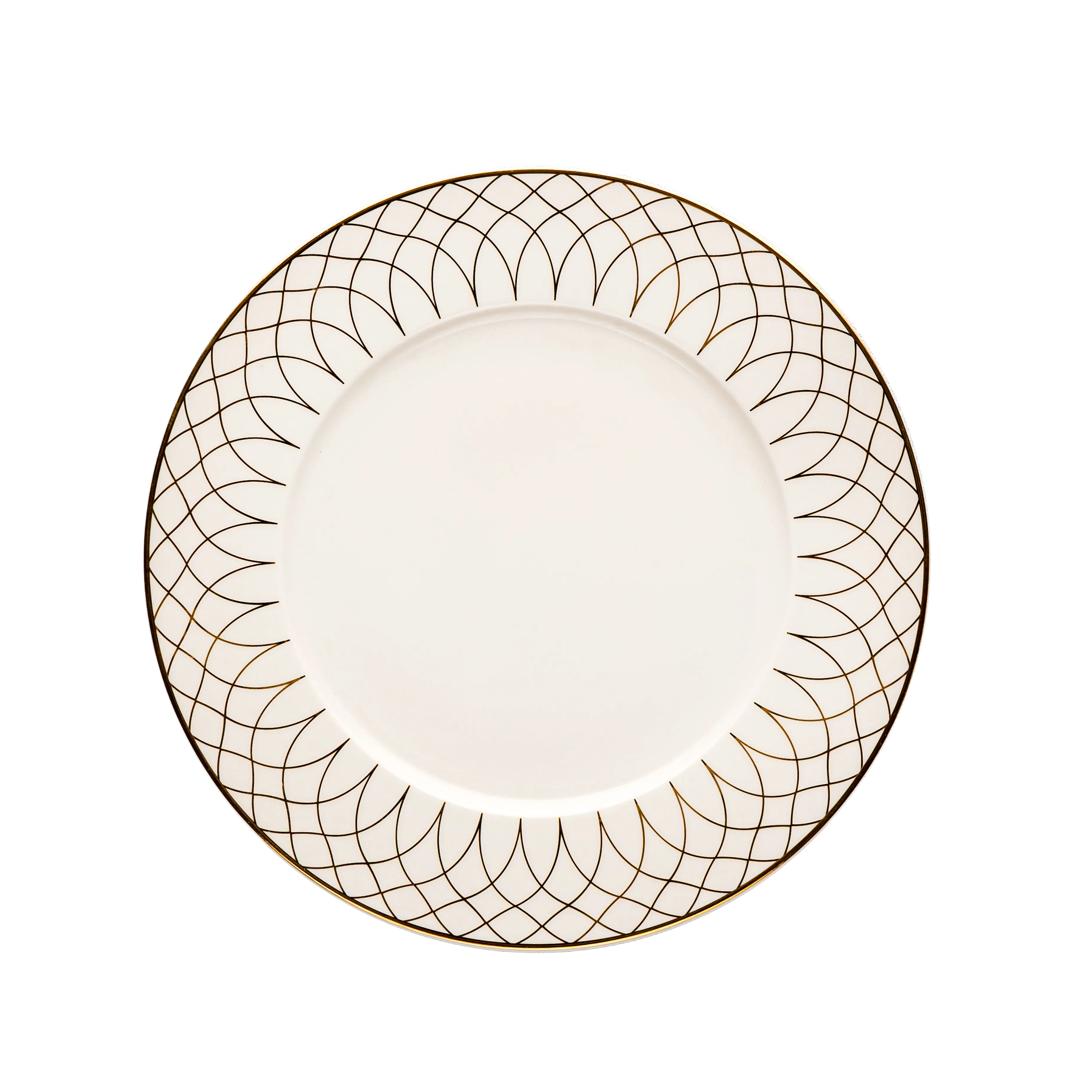 White plate with gold geometric pattern on a white background. Fathy Mahmoud Porcelain.