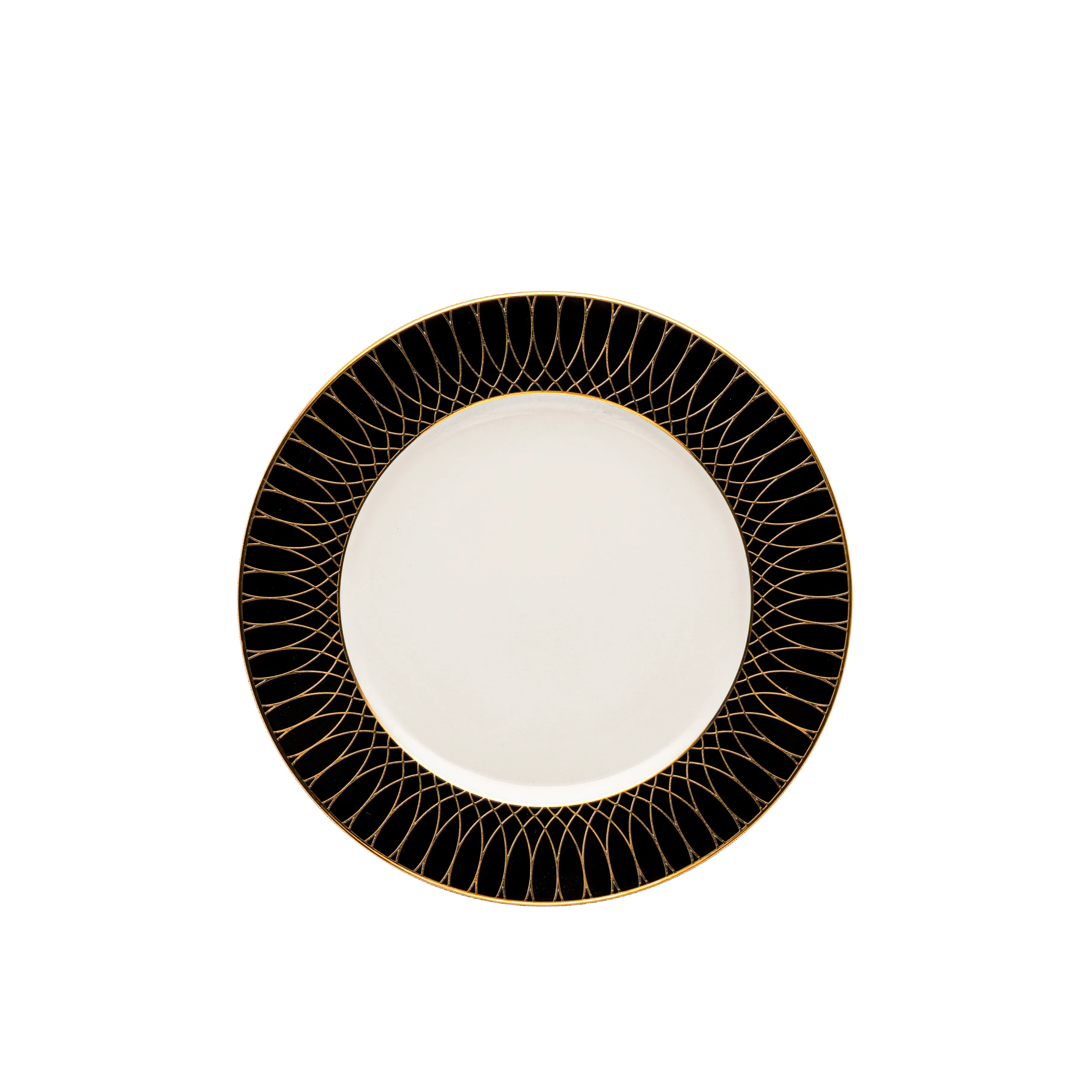 White plate with black decorative rim on a white background. Fathy Mahmoud Porcelain.