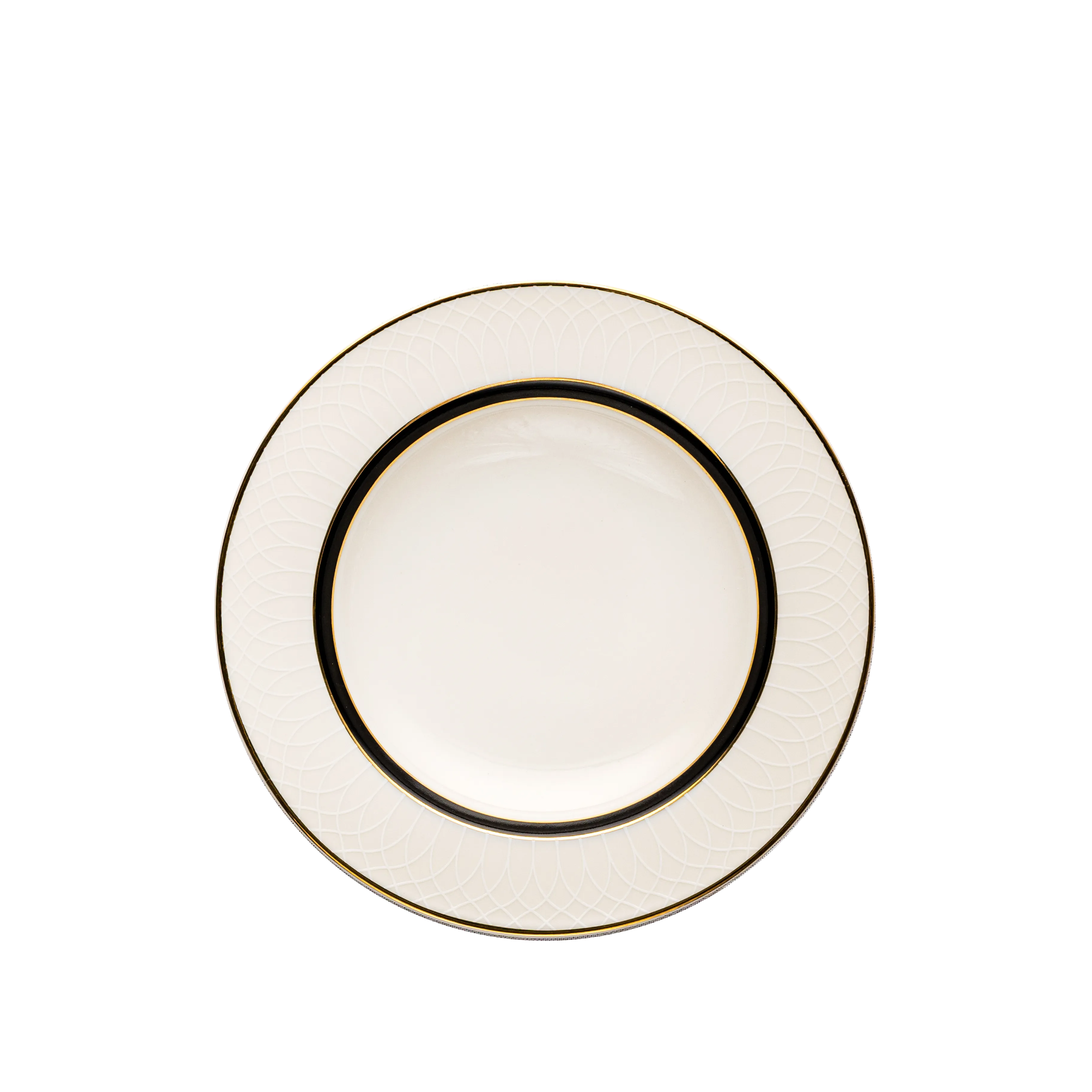White plate with black rim on a white background. Fathy Mahmoud Porcelain.