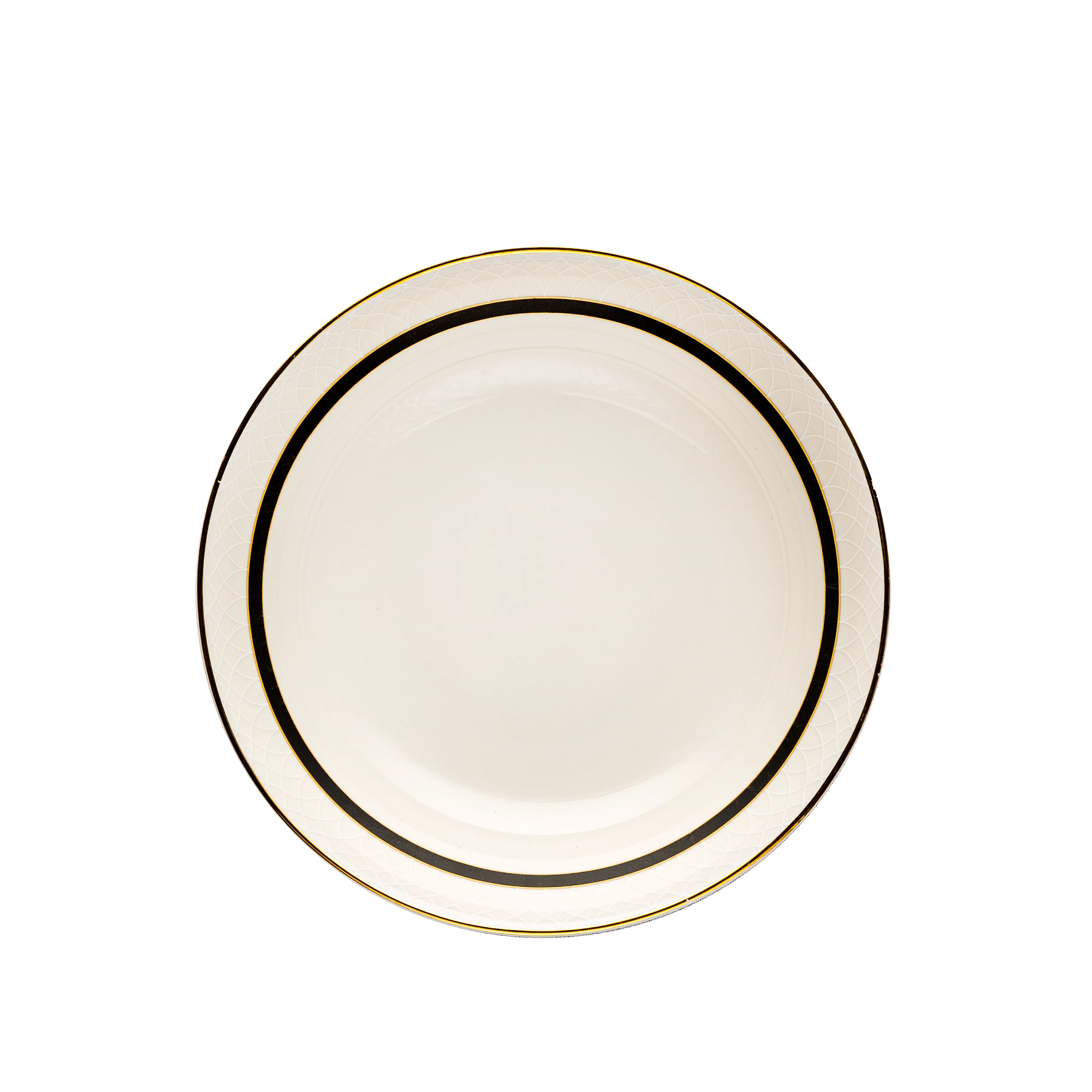 White plate with gold geometric rim on a white background. Fathy Mahmoud Porcelain.