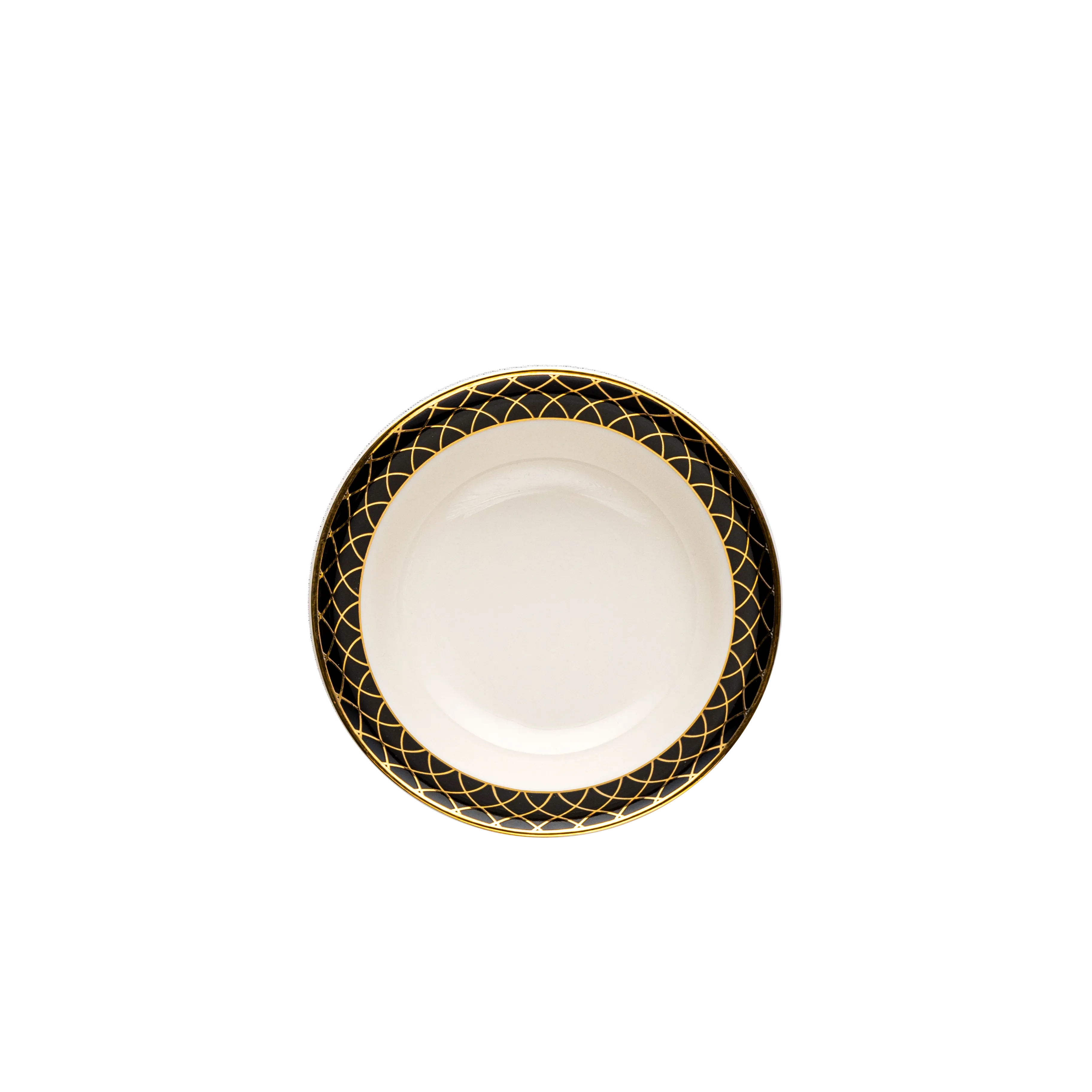 White plate with black and gold decorative rim on a white background. Fathy Mahmoud Porcelain.