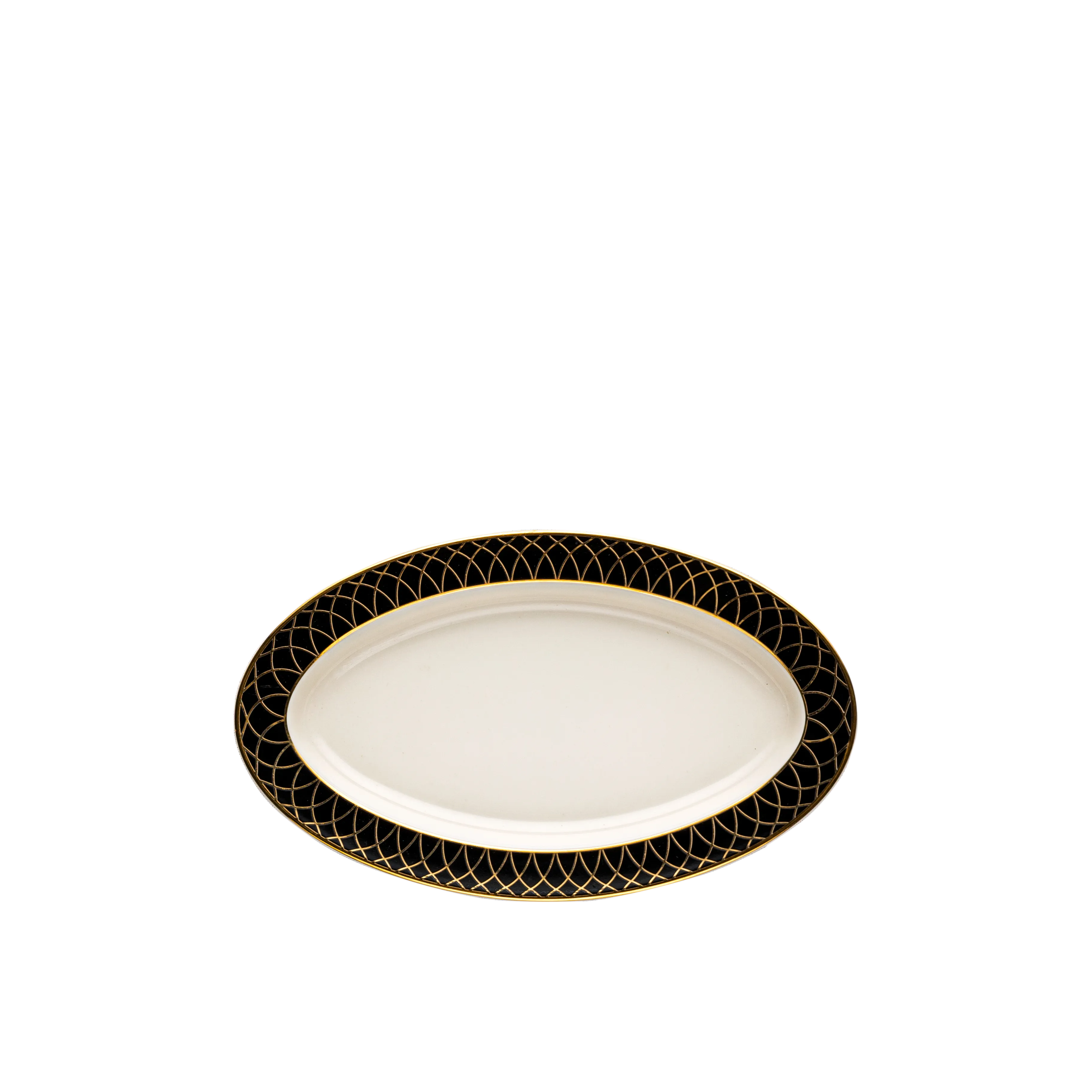 White oval plate with black decorative rim on a white background. Fathy Mahmoud Porcelain.