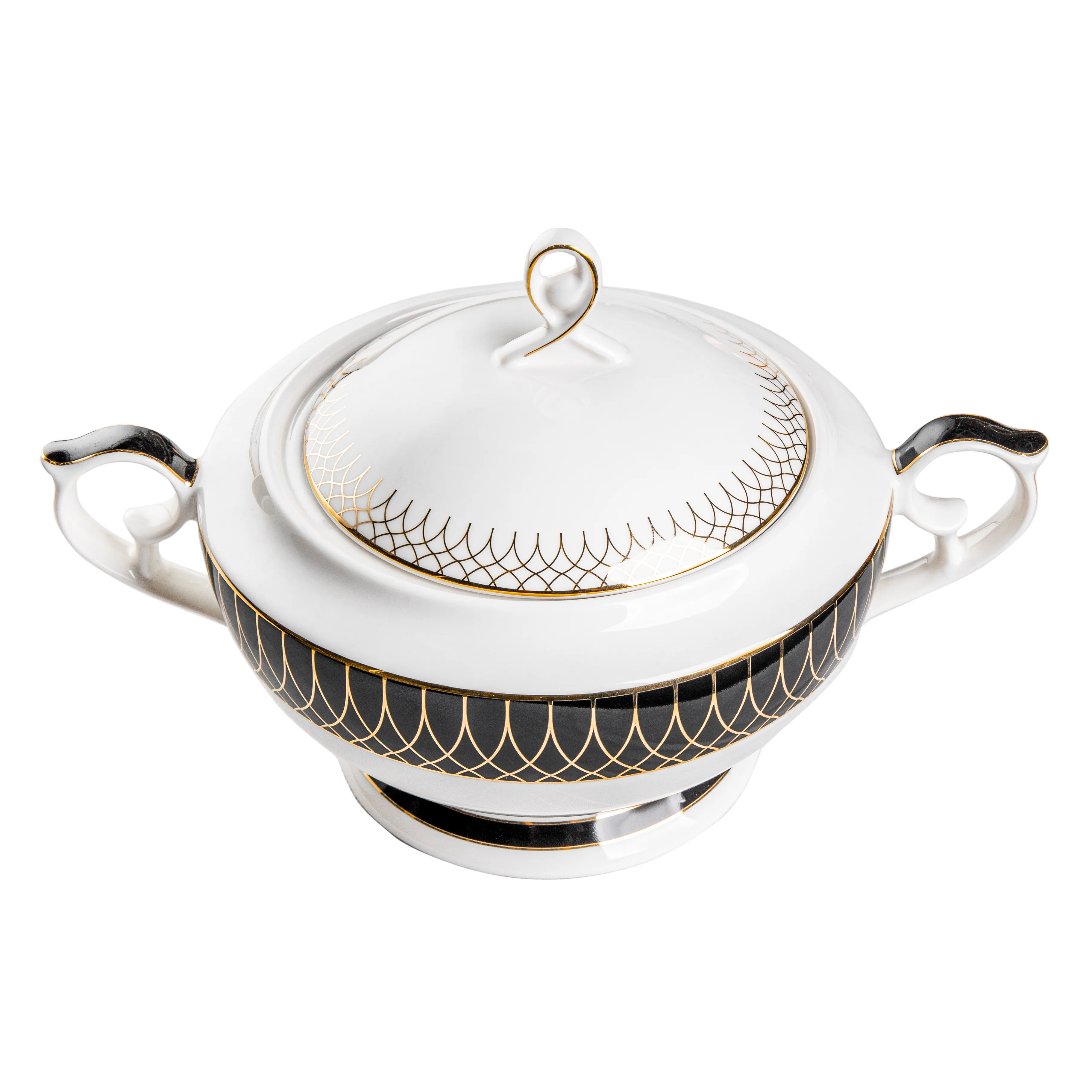 Decorative white ceramic soup tureen with black and gold patterns on a white background. Fathy Mahmoud Porcelain.